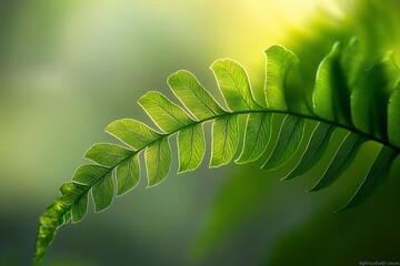 Poster - Close-up of a vibrant green fern frond backlit by sunlight, showing intricate details of its leaflets and veins.
