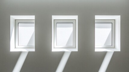 Poster - Three rectangular windows in a light grey wall, sunbeams cast shadows.