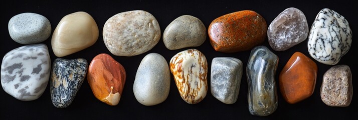 Poster - Collection of smooth, colorful stones on black background.