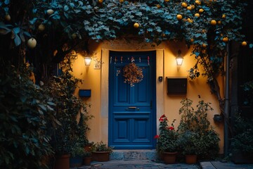Poster - Night view of a blue door on a yellow building, adorned with plants and lights.