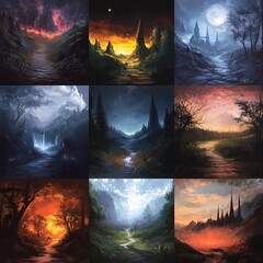 Poster - Nine fantasy landscape paintings; diverse terrains, lighting, and moods.