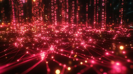 Aufkleber - Abstract digital landscape with glowing red lines and binary code.