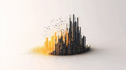 Poster - Abstract 3D rendering of a city skyline with black and orange skyscrapers, particles, and light effects.