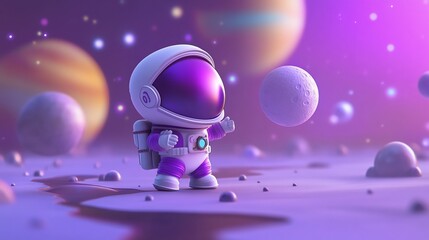 Poster - Cute astronaut playing with moon in space.