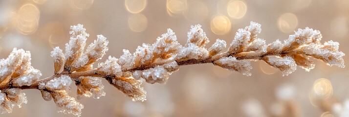 Aufkleber - Close-up of a frost-covered branch with bokeh background.