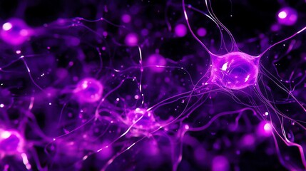 Fototapete - Microscopic view of vibrant purple neurons interconnected, glowing in the dark.