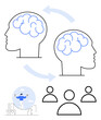 © robu_s - Outlined human heads with brains connected by arrows showing idea sharing. Includes team icons and balancing act below. Ideal for teamwork, knowledge transfer, innovation, communication