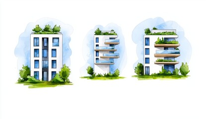 Stock model of a residential building with greenery, showcasing a biophilic architecture concept and building sketch.