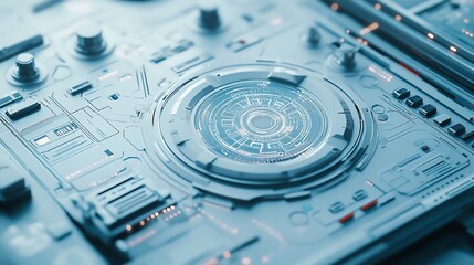 Aufkleber - Futuristic technology interface with circular central element and various buttons and controls.