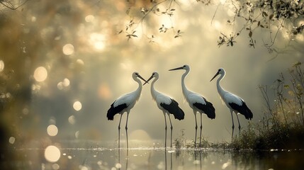 Poster - Four white storks standing in shallow water at sunrise, silhouetted against a bokeh background.