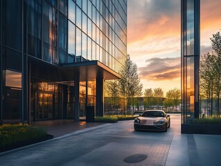 Aufkleber - Luxury sports car parked at modern building entrance during sunset.