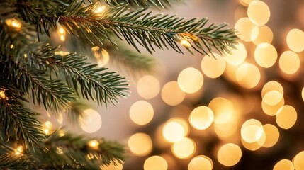Poster - Close-up of a decorated Christmas tree branch with warm bokeh lights in the background.