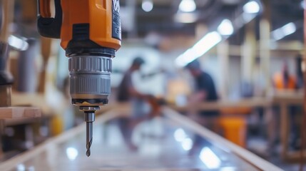 Aufkleber - Close-up of a cordless drill above a wooden surface in a blurred factory background with workers.