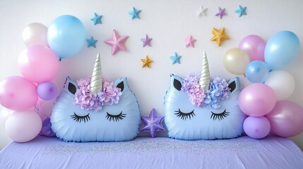 Poster - Two pastel blue unicorn pillows with pastel balloons and stars on a purple sheet against a white wall.