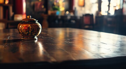 Poster - Ornate jar on dark wood table in dimly lit restaurant.