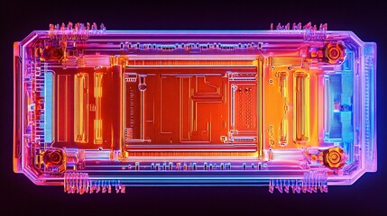 Aufkleber - Top-down view of a vibrant, translucent circuit board with intricate details and neon lighting.
