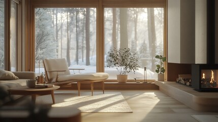 Poster - Cozy living room with fireplace, chaise lounge, and large windows overlooking a snowy forest.