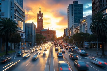 Aufkleber - Sunset cityscape with traffic on a city street and clock tower.