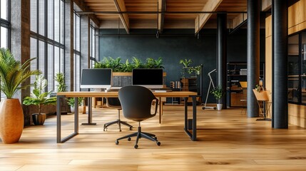 Aufkleber - Modern office interior with large windows, wooden floors, plants, and computers.
