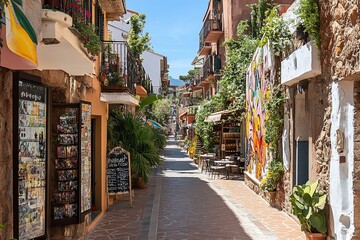Aufkleber - Sunny Mediterranean street scene with shops, cafes, and vibrant murals.