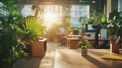 Aufkleber - Sunlit modern office with abundant indoor plants, desks, and computers.
