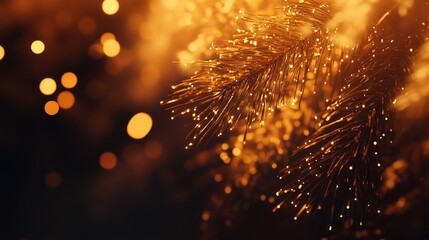 Fototapete - Close-up of golden pine branches with bokeh lights.