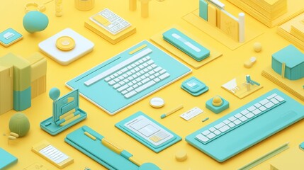 Aufkleber - Isometric illustration of workspace with keyboard, phone, stationery, and other office items on yellow background.
