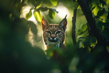 Aufkleber - Bobcat peering through lush green foliage, backlit by sunlight.