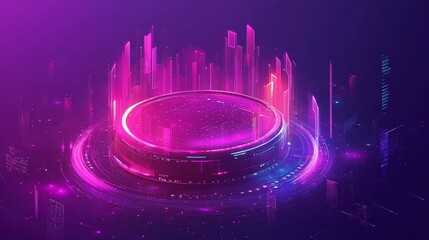 Aufkleber - Futuristic city platform with vibrant neon lights and digital elements.