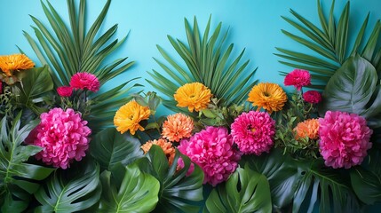 Aufkleber - Vibrant pink, orange flowers & tropical leaves against a teal background.