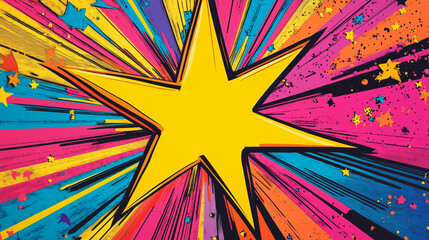 Wall Mural - Vibrant pop art starburst with bold yellow star and colorful radial streaks in dynamic composition