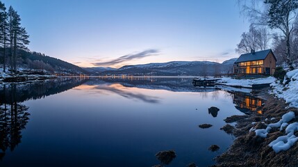 Poster - Tranquil winter scene lakeside cabin reflecting in calm water at dusk.