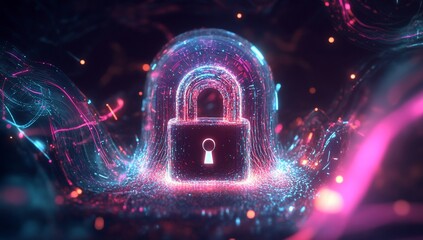 Poster - Glowing digital padlock in abstract energy field.