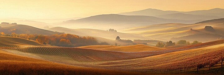 Poster - Golden sunrise over rolling hills and vineyards.