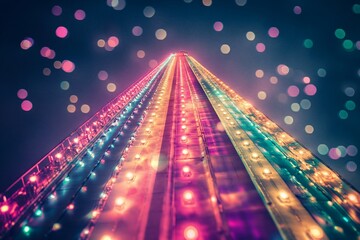 Leinwandbilder - Illuminated tower at night with colorful lights and bokeh effect.