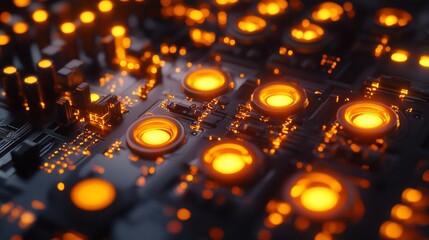 Aufkleber - Close-up of glowing orange circuits on a dark metallic surface.