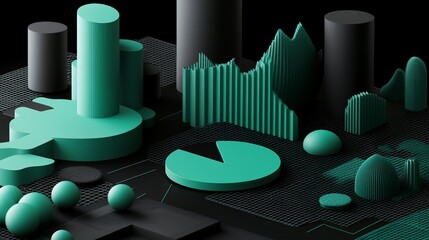 Fototapete - Abstract 3D teal and black geometric shapes, cylinders, spheres, and graphs on a dark grid background.