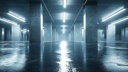 Aufkleber - Wet concrete parking garage with neon lights reflecting on the floor.
