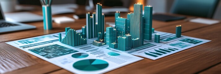 Leinwandbilder - 3D city model on financial charts showing growth and data analysis.