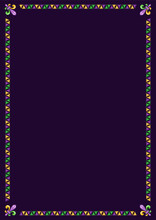 Vertical rectangular frame made with triangular pennants garlands, Fleur de Lis sign in the corners. For Mardi Gras holiday decoration in vintage style. Template for menu, poster, invitation