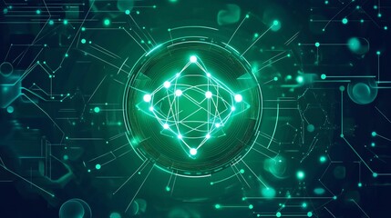 Poster - Abstract glowing green network nodes and connections on dark background.