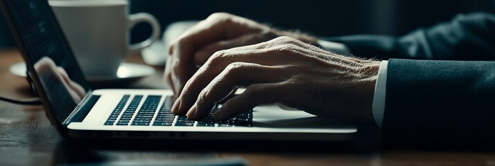 Aufkleber - Close-up of hands typing on laptop keyboard at desk.
