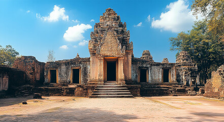 Wall Mural - Ruins of old Asian Hindu temple at sunset. Cambodia