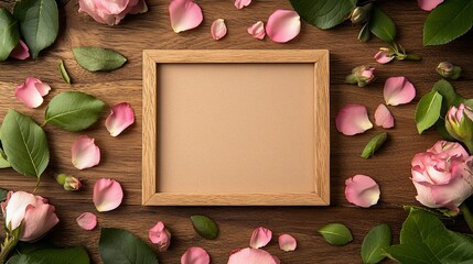 Poster - Blank wooden frame surrounded by pink rose petals and leaves on a brown wooden background.