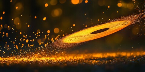 Leinwandbilder - Glowing disc levitates above sparkling ground, surrounded by bokeh lights.