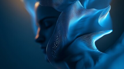 Aufkleber - Abstract digital art of a woman's face partially obscured by flowing blue light particles.