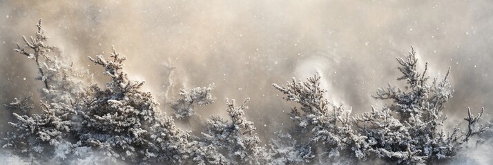 Aufkleber - Snow-covered evergreen trees in a blizzard, misty winter scene.