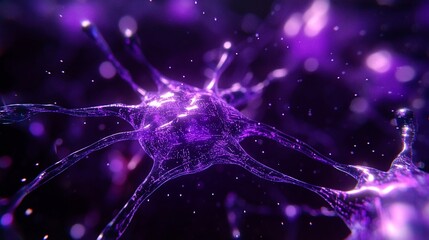 Fototapete - Microscopic view of a vibrant purple neuron cell with glowing branches and a dark background.