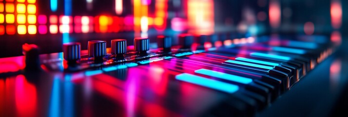Poster - Close-up of illuminated synthesizer keys and knobs in vibrant red and blue light.