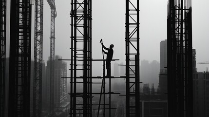 Aufkleber - Silhouette of a construction worker on scaffolding against a city backdrop.